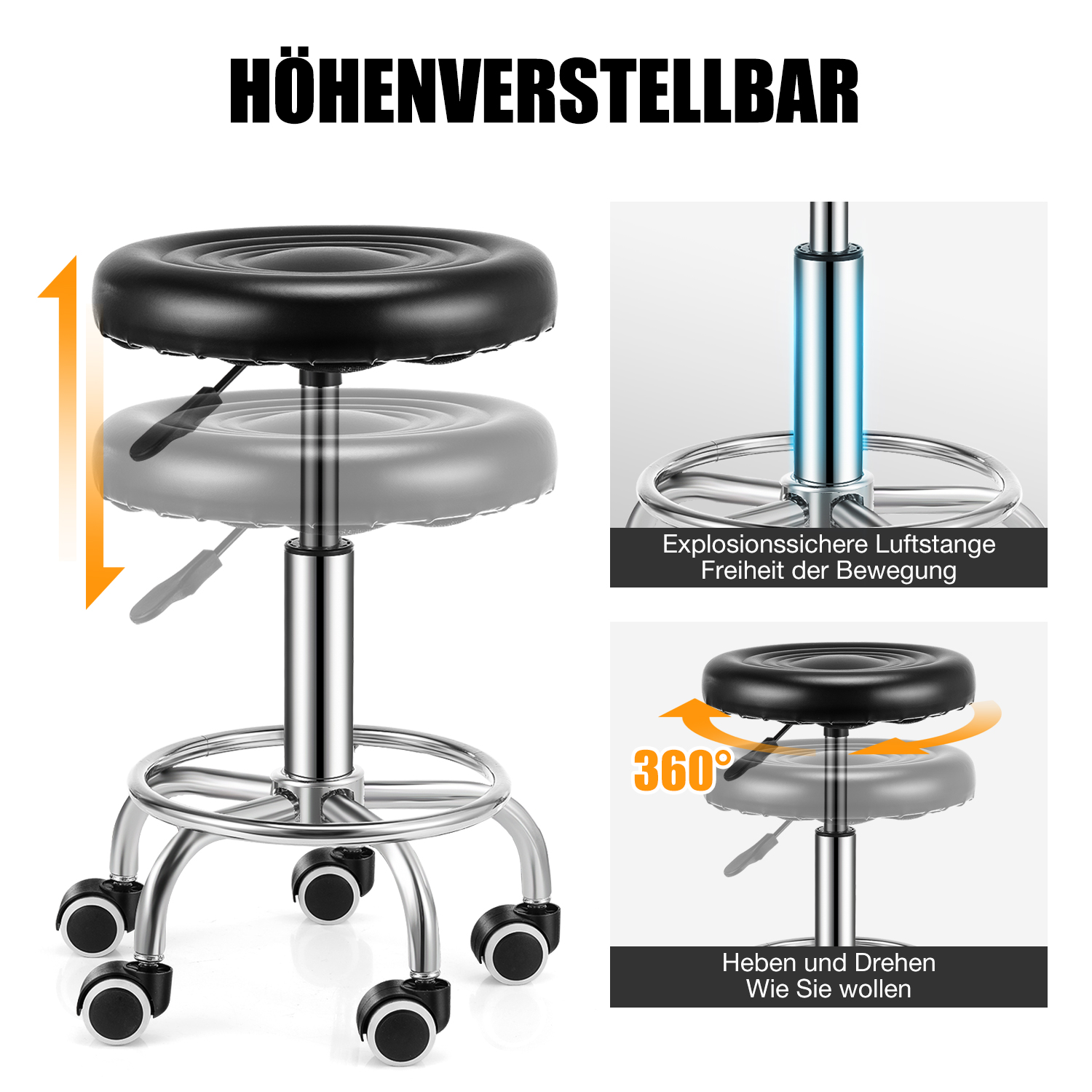 Rollhocker Arbeitshocker Drehhocker Höhenverstellbar 360° Drehbar Bürohocker Drehhocker für Büro Salon Massage Spa( Schwarz )
