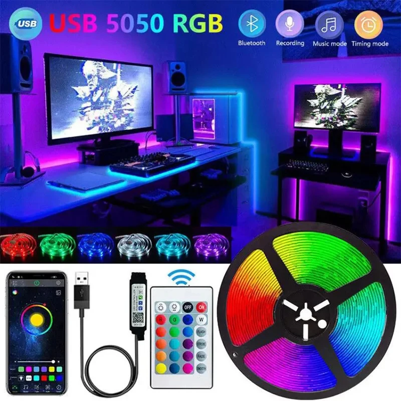 Tira de luces LED SMD RGB 5050 USB, retroiluminación de pantalla de escritorio de TV, cambio de Color, decoración de dormitorio, lámpara LED Bluetooth, iluminación DIY