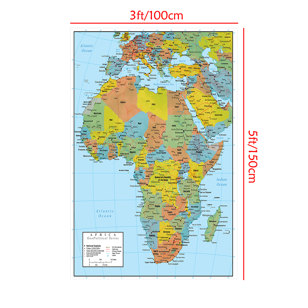 아프리카 지도 영어 2011 버전 포스터 및 인쇄 캔버스 그림, 거실 장식, 사무실 및 학교 용품, 100x150cm