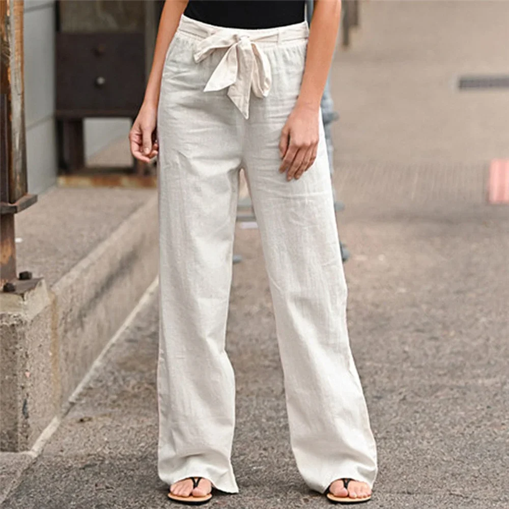 Pantalones de lino y algodón para mujer, moda de verano 2023, Pantalones rectos holgados con cintura elástica, pantalones informales hasta el tobillo de Color sólido para mujer