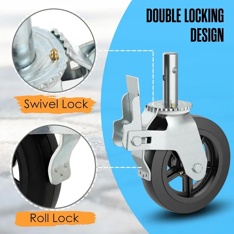 Scaffolding Wheels, Scaffold Wheels, 8 Inch, 4400 LB. Capacity, Set of 4, Double Locking Brakes, Grease Fittings, Swivel