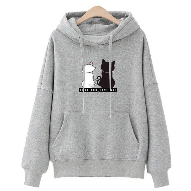 Sudadera con capucha de otoño 2024, Sudadera con capucha informal para mujer, Sudadera con capucha creativa, ropa de calle a juego, sudadera con monograma con patrón de gato bonito CYXX077