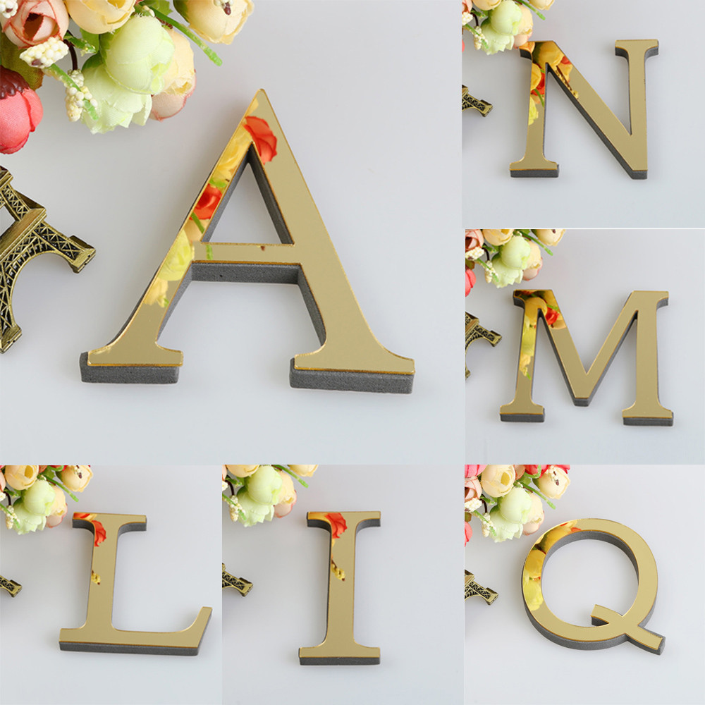 Auto-adesivo adesivo de parede 3D acrílico ouro, 26 letras inglesas, decalques espelho, Home Party Decor, arte mural, 10cm