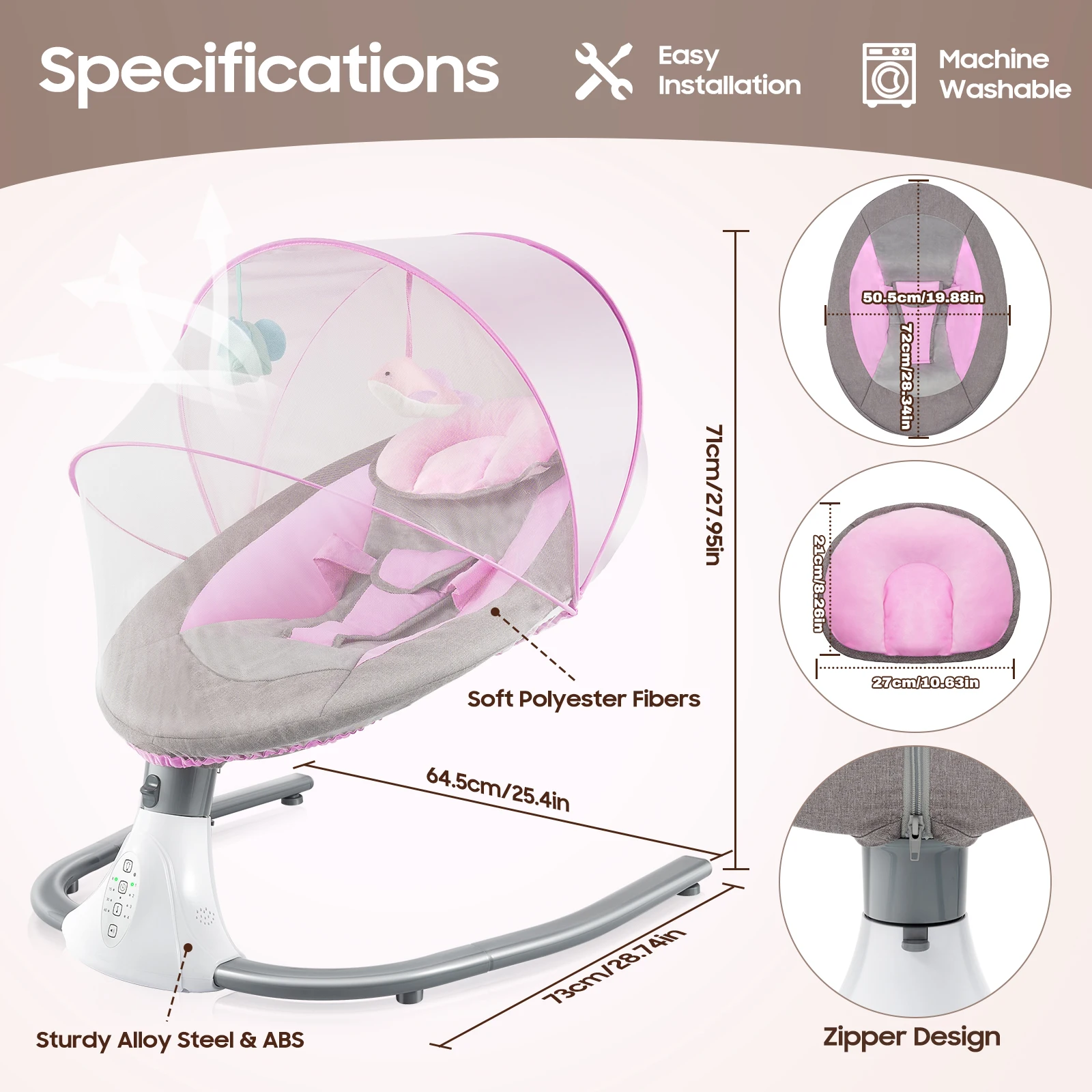 Balançoire électrique pour bébé de 0 à 18 mois, berceau à bascule musical pour bébé avec parasol et moustiquaire, bascule à 4 vitesses, avec télécommande