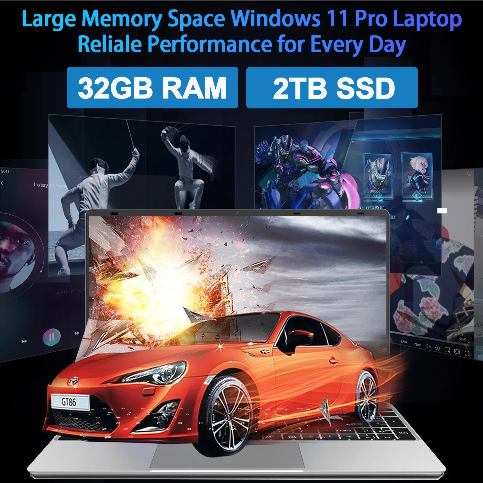 LENO NEW 15.6" Portable Laptop 32GB RAM 2TB SSD Intel 6500Y Windows11 5000mAh Office Notebook PC Gamer with Backlit Fingerprint