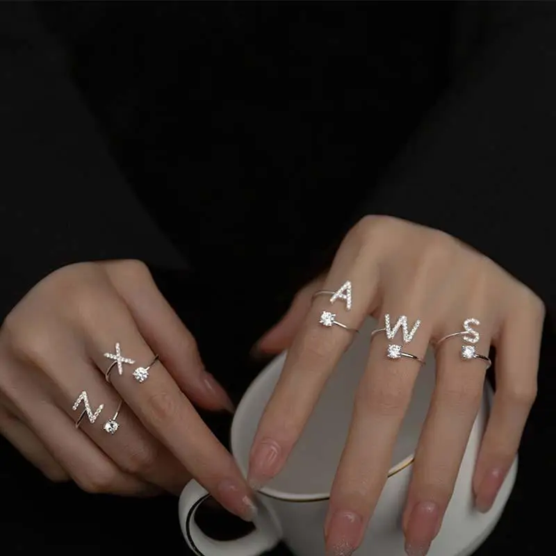 Anillo con letra de A-Z inicial de circón para mujer, anillo con apertura ajustable de Metal, nombre del alfabeto, regalo de boda para mujer