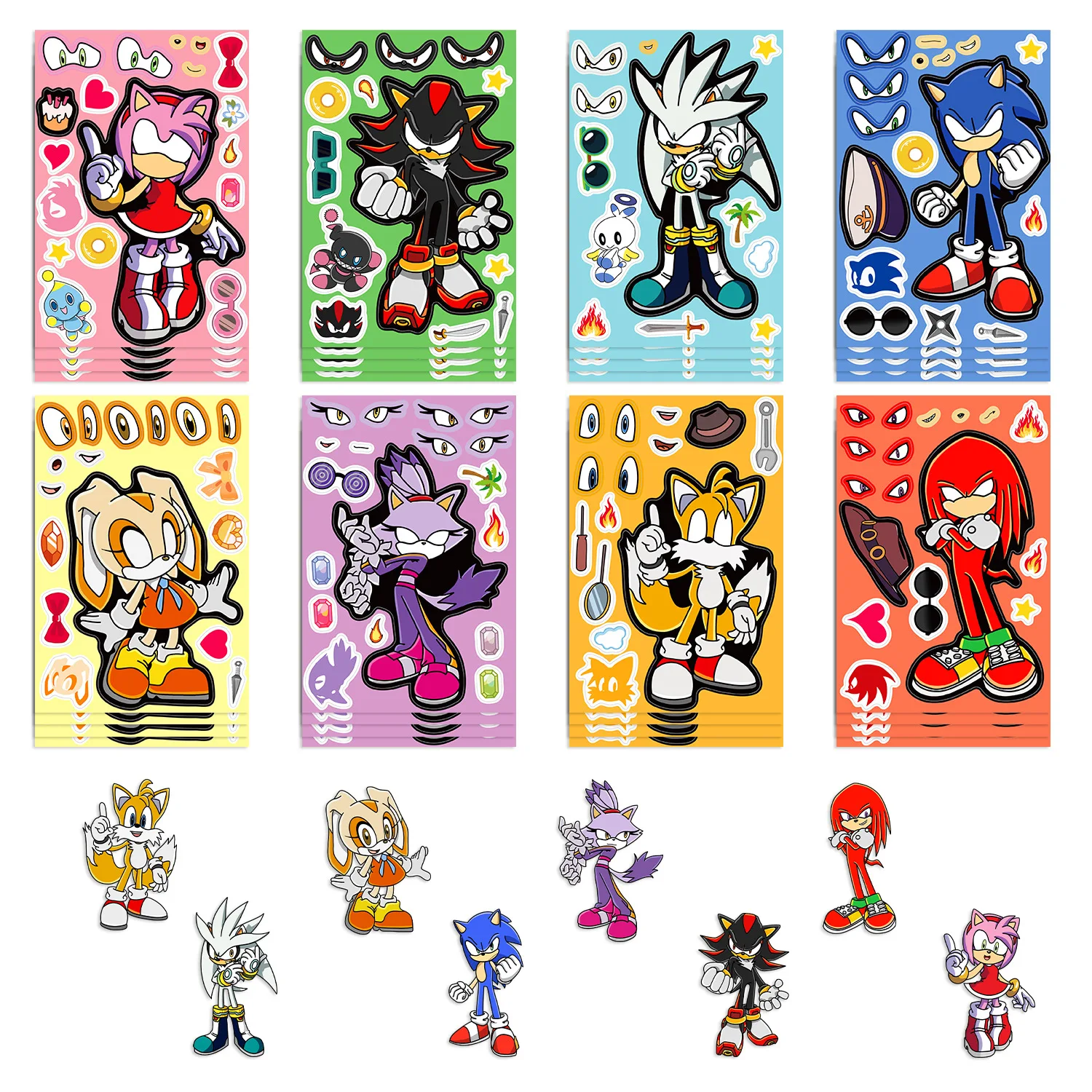 8 folhas anime sonic o ouriço quebra-cabeça adesivos kawaii fazer um rosto livro adesivos bonito dos desenhos animados diy engraçado adesivo brinquedo crianças presente