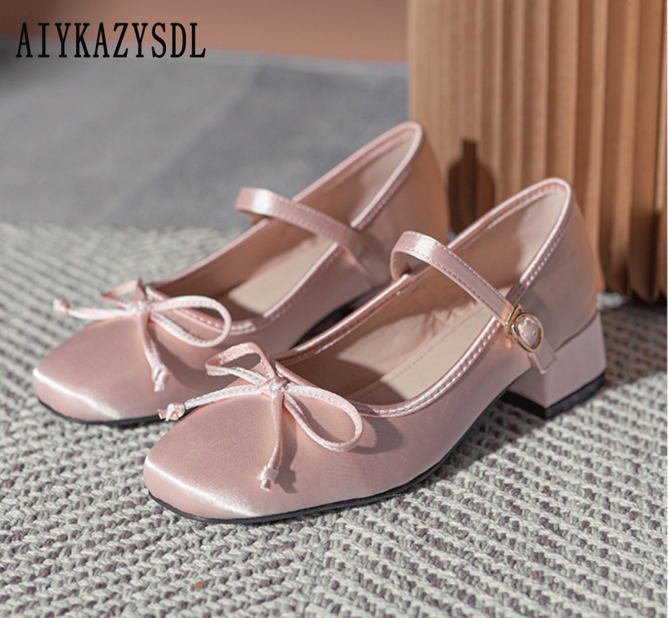 AIYKAZYSDL 2023 sepatu kasual kerja tumit rendah Bowtie Oxfords simpul kupu-kupu persegi musim semi musim gugur sepatu Satin siswa