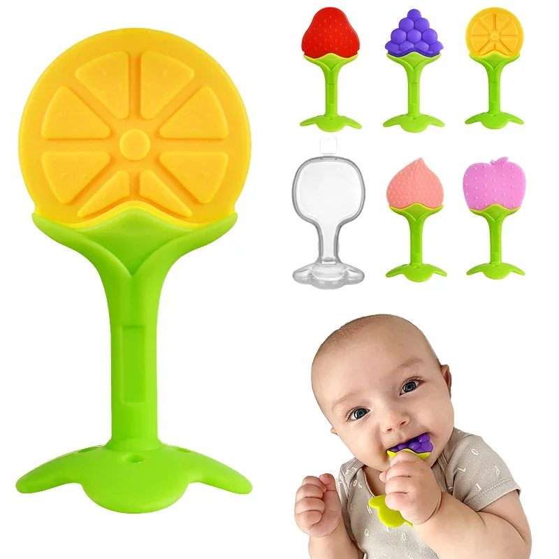 Mordedor para masticar para bebé con forma de frutas, juguetes seguros sin BPA, silicona para dentición, cuidado Dental, fortalecimiento del entrenamiento dental para bebés