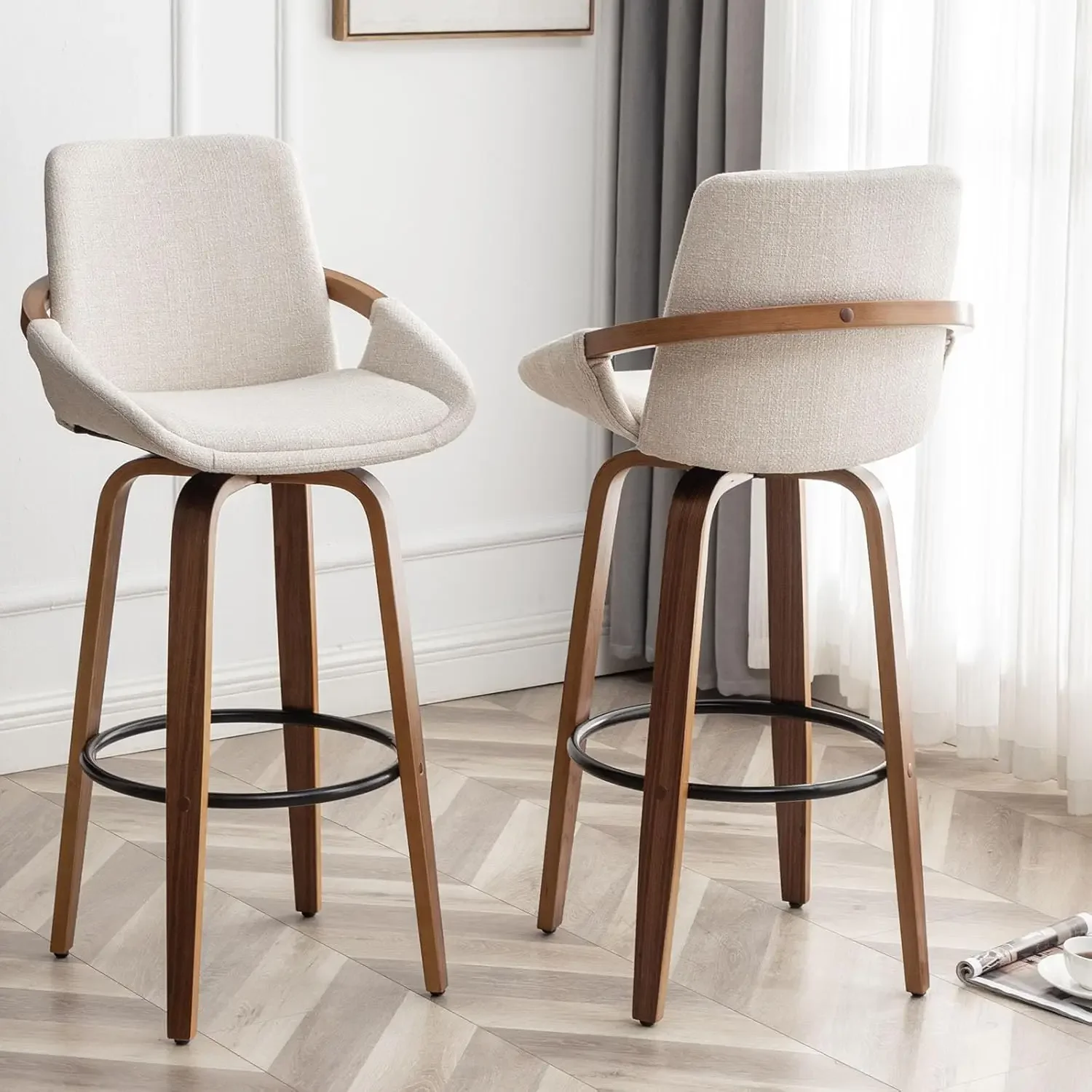 29.5" Bar Height Barstools Set of 2,Mid Century Modern Retro Bar Chairs Charcoal Beige Linen Look Fabric (Beige)