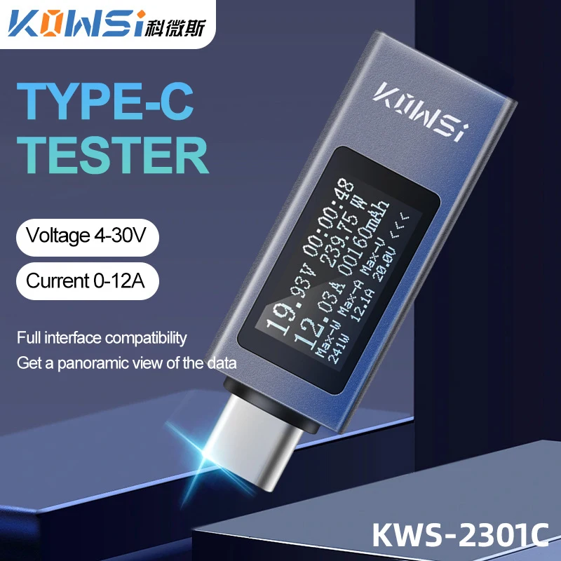 KWS-2301C 유형 C 테스터 DC 4-30V 0-12A 디지털 전압계 전류계 전류 전압 측정기 보조베터리 충전기 표시기