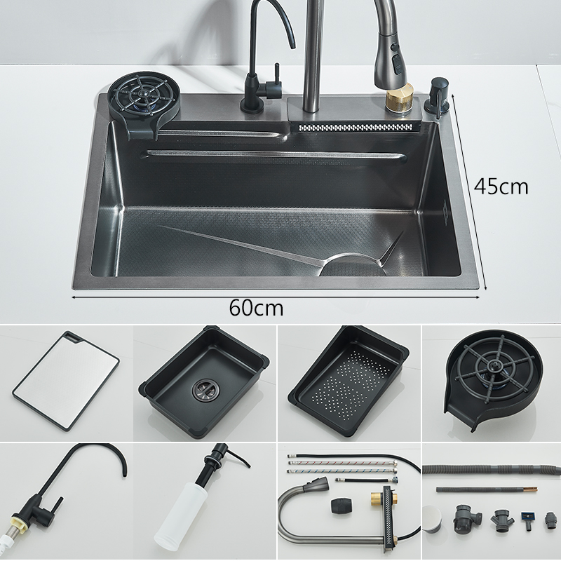 Évier de cuisine cascade en acier inoxydable 304, grand fente unique intégrée, ensemble de robinets 60x45cm, distributeur de savon/eau Pure/laveuse de tasses