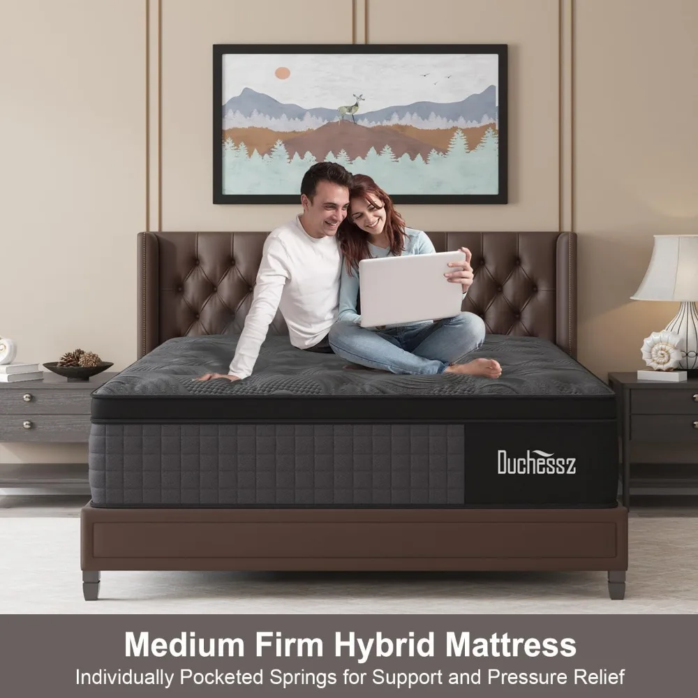 Full Mattress, 14 Inch Hybrid Mattress Black with Gel Memory Foam and Individually Pocket Innerspring Euro Top Mattresses Medium