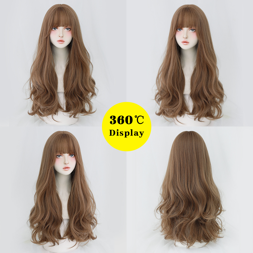 ผมยาวหยิกวิกผมผู้หญิงกับ Bangs ทุกวันสีน้ําตาลสีดําสีชมพู Lolita คอสเพลย์ Braided Wigs ความร้อนทน Party ผมปลอม