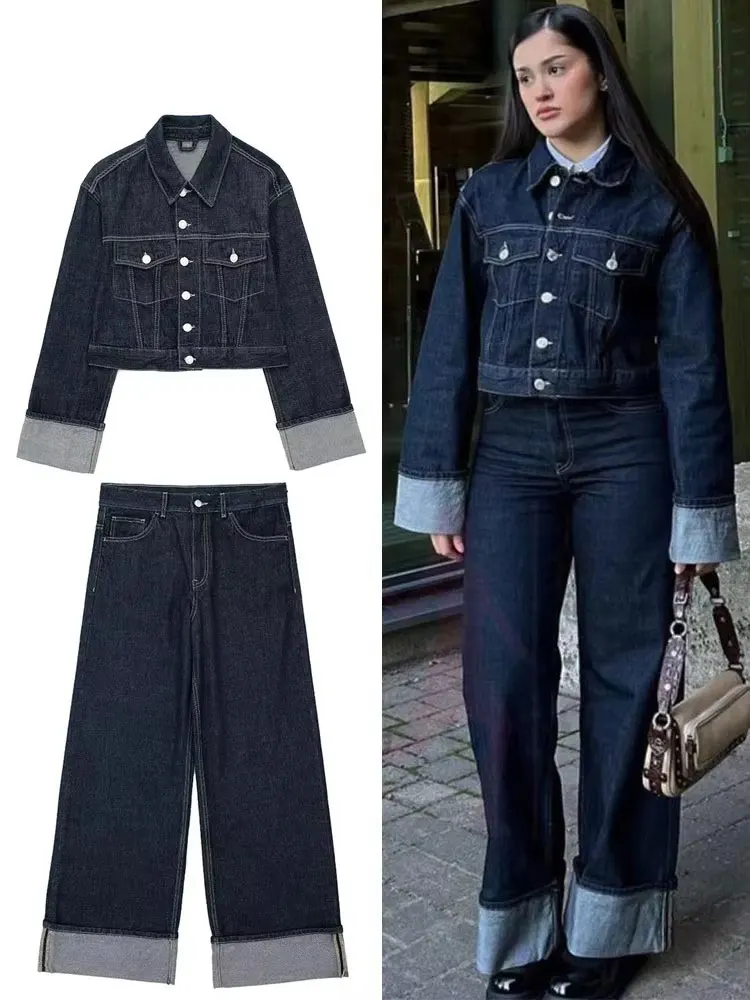 HH Frauen Vintage Denim Jacke Hose Sets Einreiher Revers Langarm Mantel Breite Bein Hosen Jeans High Street Outfits