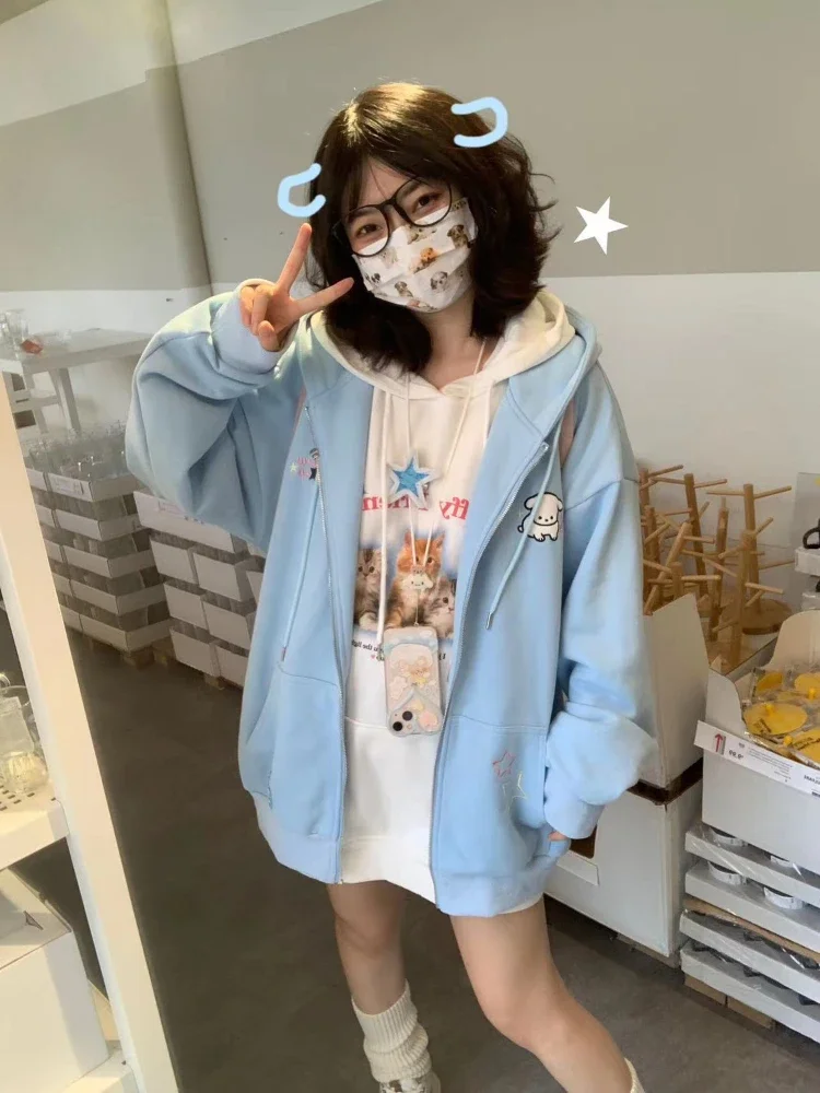 ADAgirl Kawaii Zip Up ผู้หญิง Hoodie สีชมพู Harajuku Cutecore Hooded ขนาดใหญ่เสื้อเกาหลีขนแกะแขนยาว Girly Tops