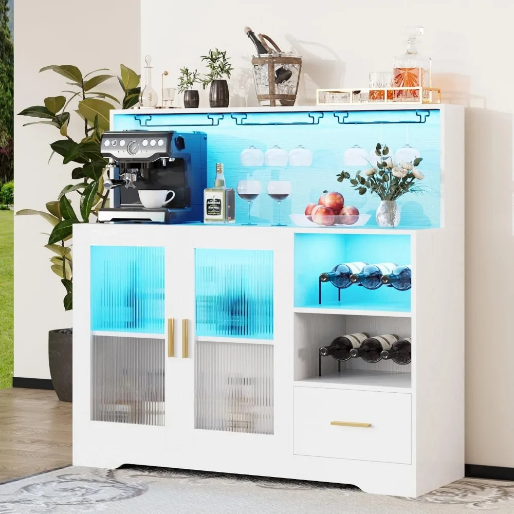 Wine Bar Cabinet w/ LED Light - Modern Kitchen Coffee Bar w/ Wine & Glass Rack"