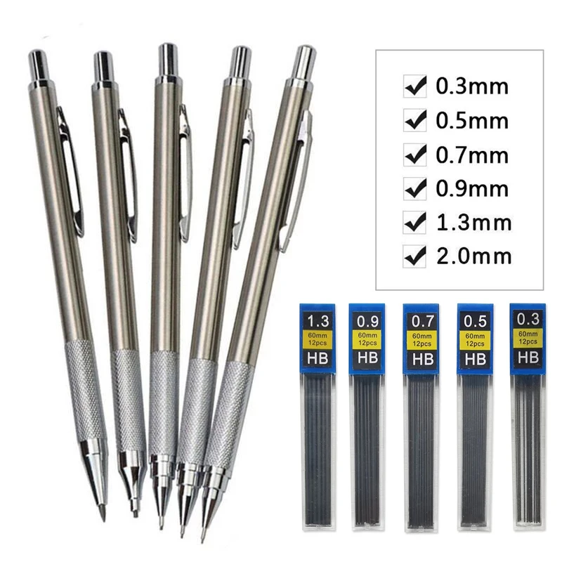 Portaminas de Metal de 0,3/0,5/0,7/0,9/1,3/2,0mm, juego de lápices HB automáticos de dibujo con cables, suministros de arte para escritura escolar y de oficina