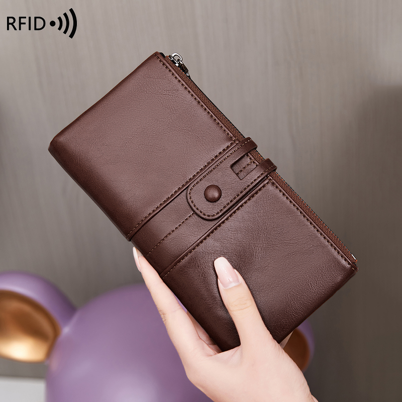 RFID Blocking Large Capacity Women's Purse, Solid Color, Soft Leather, Multi-functional Clutch Bag, Zipper, Men's Long Wallet