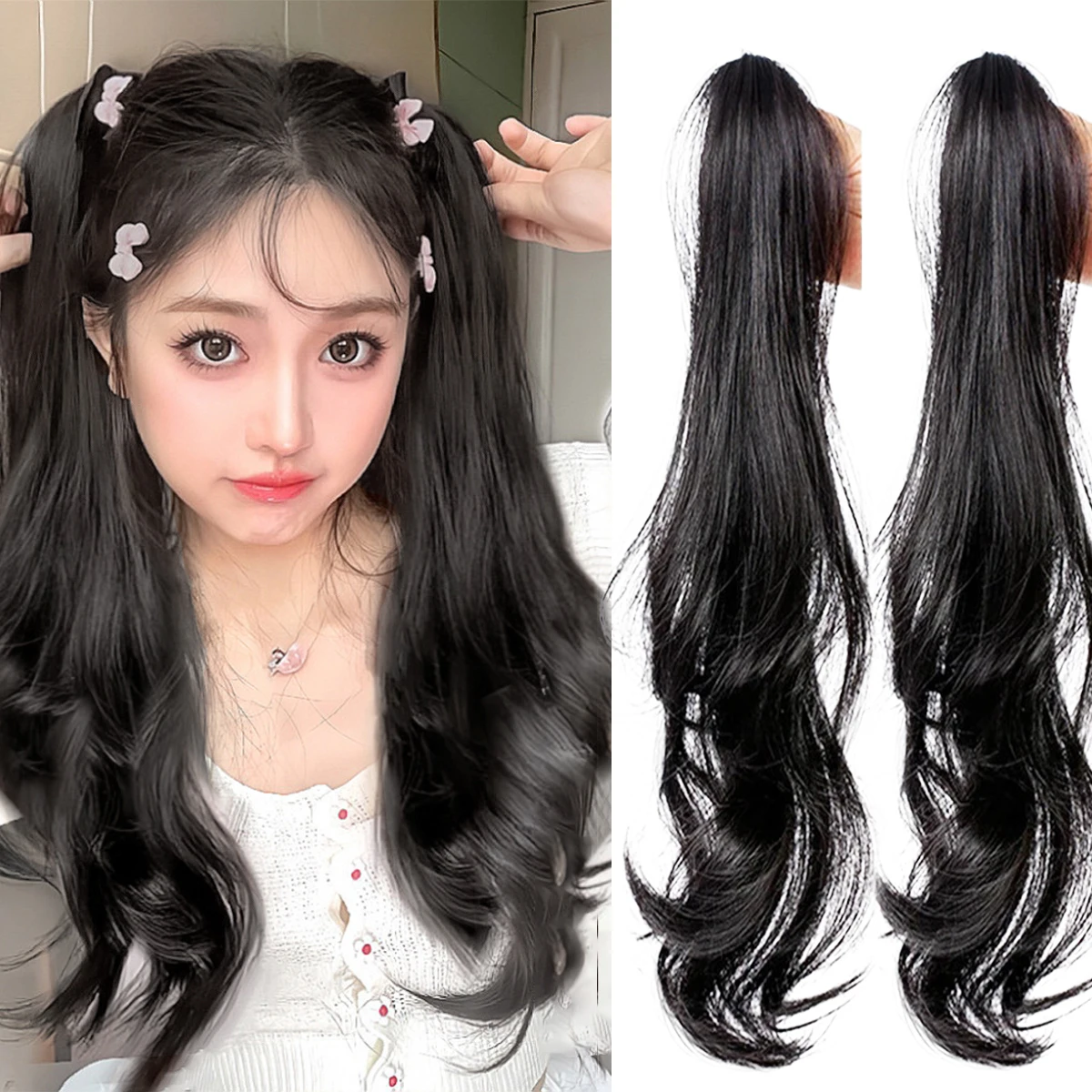 Coelho sintético princesa penteado clipe rabo de cavalo longo encaracolado grampo de cabelo em uma mulher falso rabo de cavalo extensão de cabelo uso diário