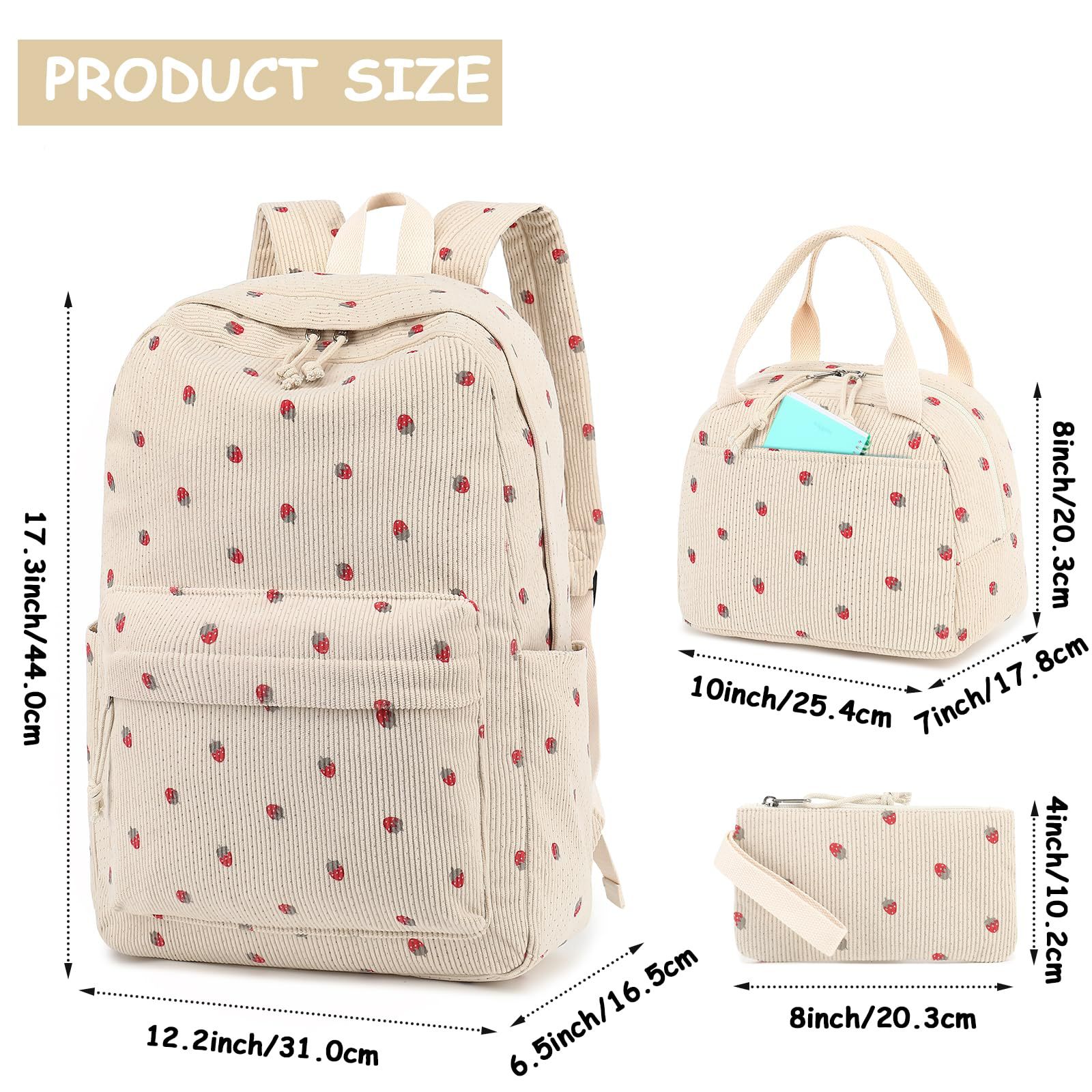 코듀로이 3Pecs/청소년을위한 학교 가방 세트 대학 스타일 배낭 여성 소녀 솔리드 컬러 여성 배낭 학생 Schoolbags