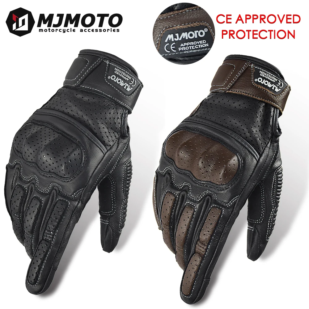 Con Guanti da moto in pelle traforata retrò estivi approvati CE Uomo Donna Guanti da motociclista da motocross con dita intere Guanti da moto
