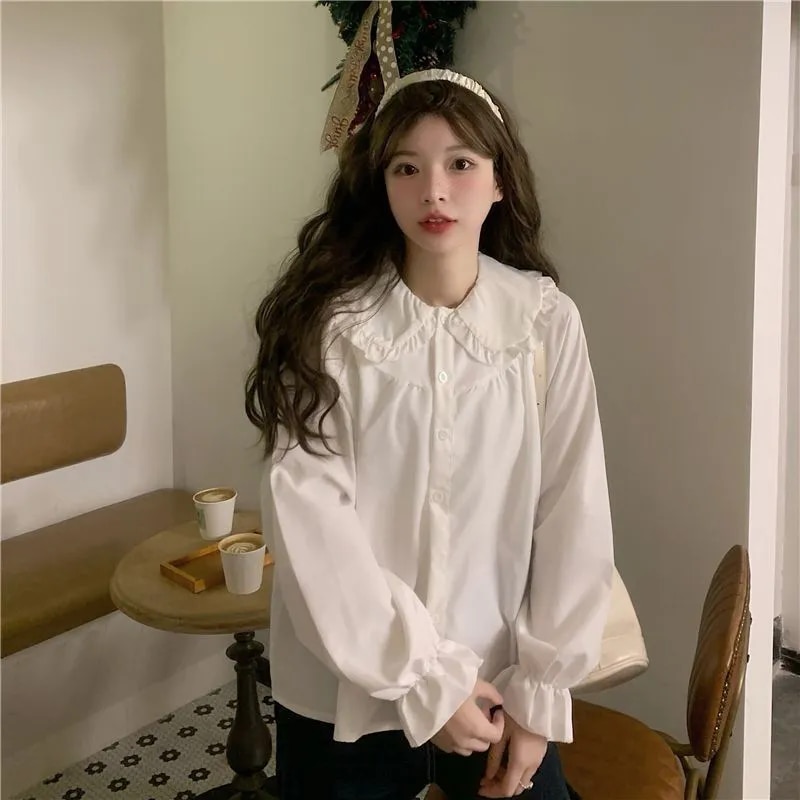 Gidyq Vintage Damen Weißes Hemd Adrette Mode Elegante Weibliche Langarmbluse Y2K Süße Kawaii All Match Shirts