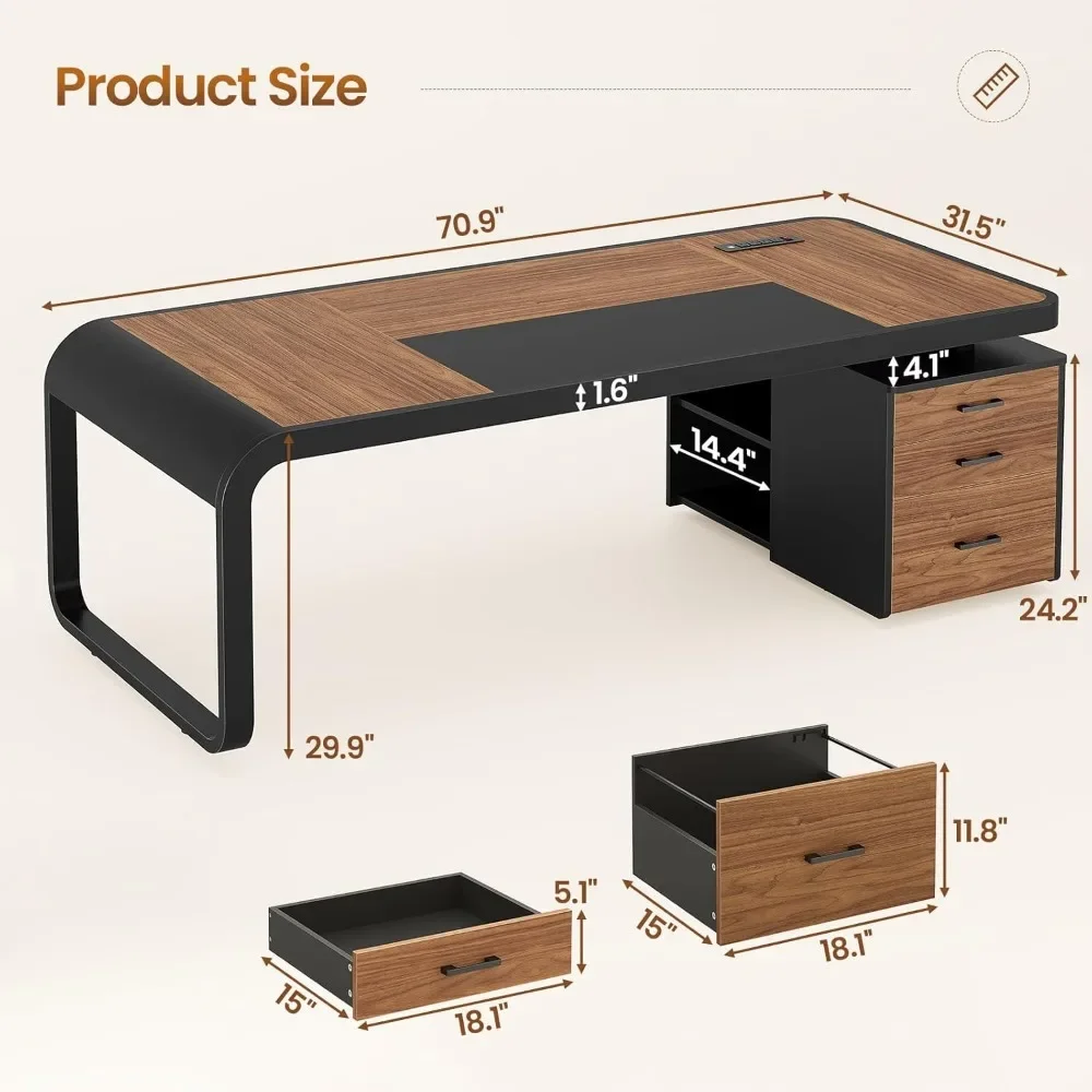 70.9" Executive Desk, Large Computer Desk with Drawers and Lateral File Cabinet, Office Desk with Removable Shelves,