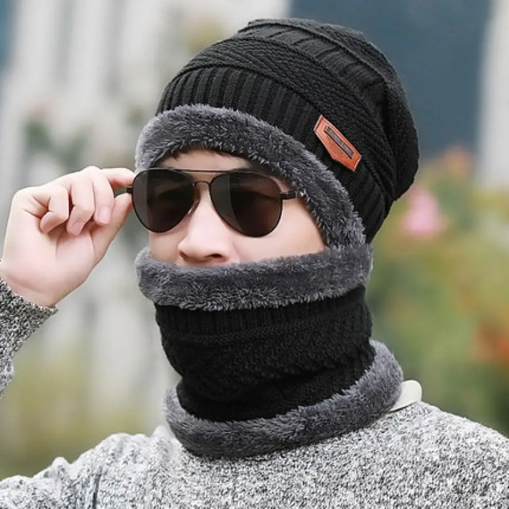 Modisches Strickmütze-Schal-Set, verdickt, winddicht, Halstuch, Halswärmer, Mütze-Set für den Außenbereich
