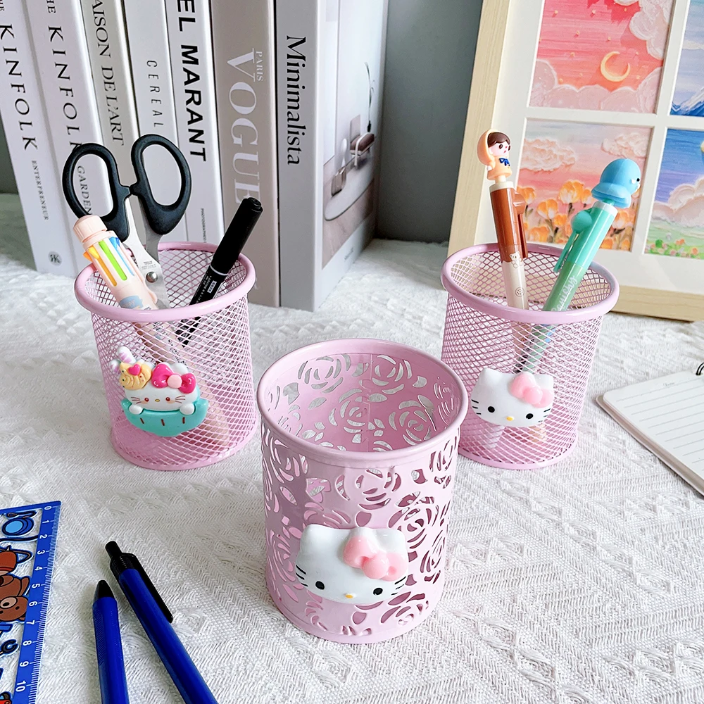 Cartoon Hallo Kitty Stift Behälter Pinsel Topf Make-Up Pinsel Eimer Kawaii Rosa Hohl Stift Halter Schreibwaren Lagerung Sortierung Box