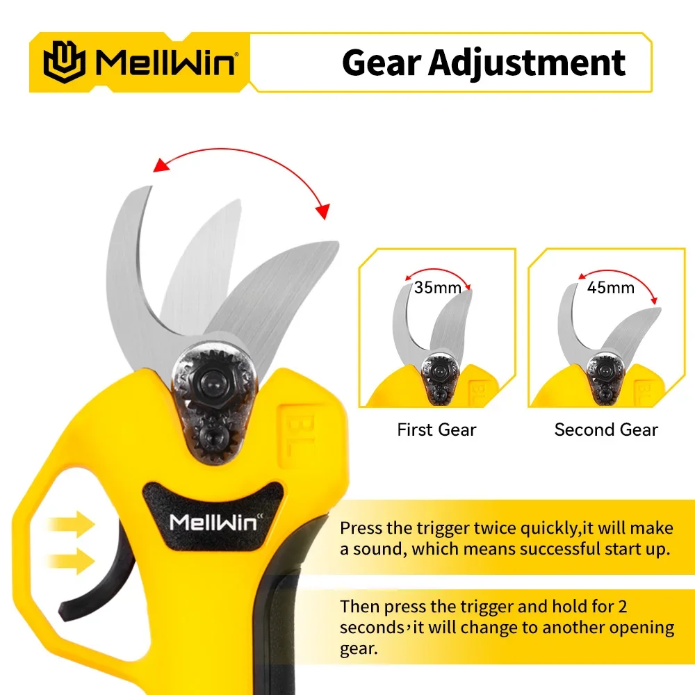 MELLWIN 30mm Brushless Electric Pruner Shear 2Gears Cordless Fruit Tree Bonsai Pruning Scissors Tools For Makita 18V Battery Pin