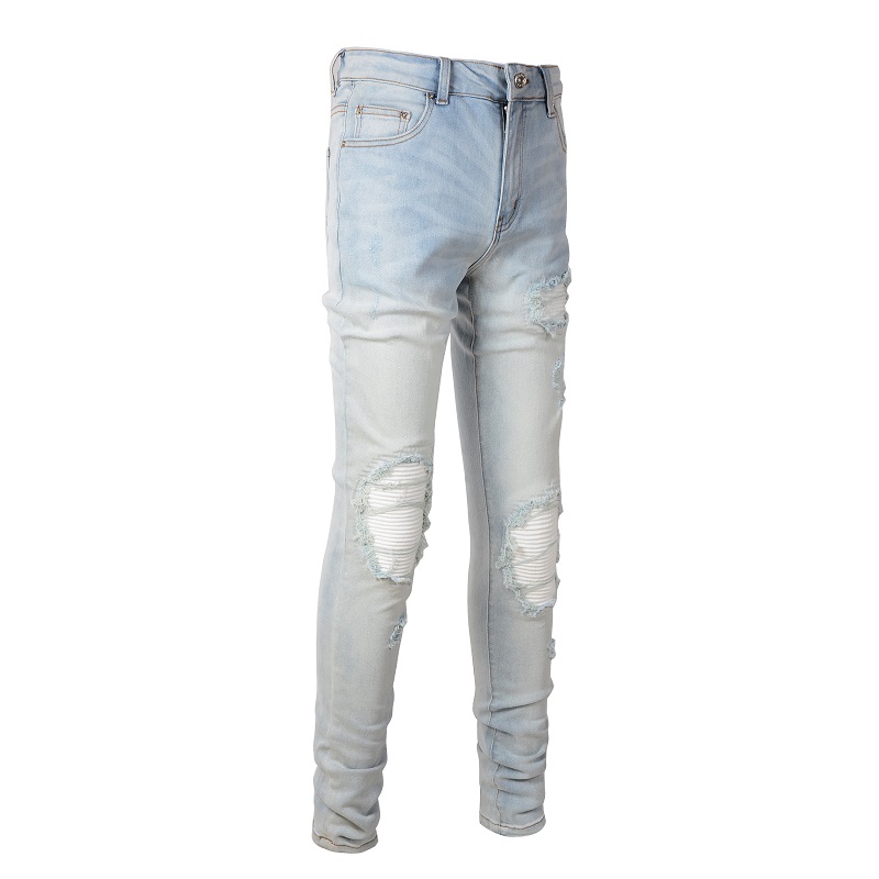 Männer Blass Hellblau Biker Jeans Rissige Plissee Patch Patchwork Stretch Denim Hosen Streetwear Löcher Zerrissene Dünne Hosen