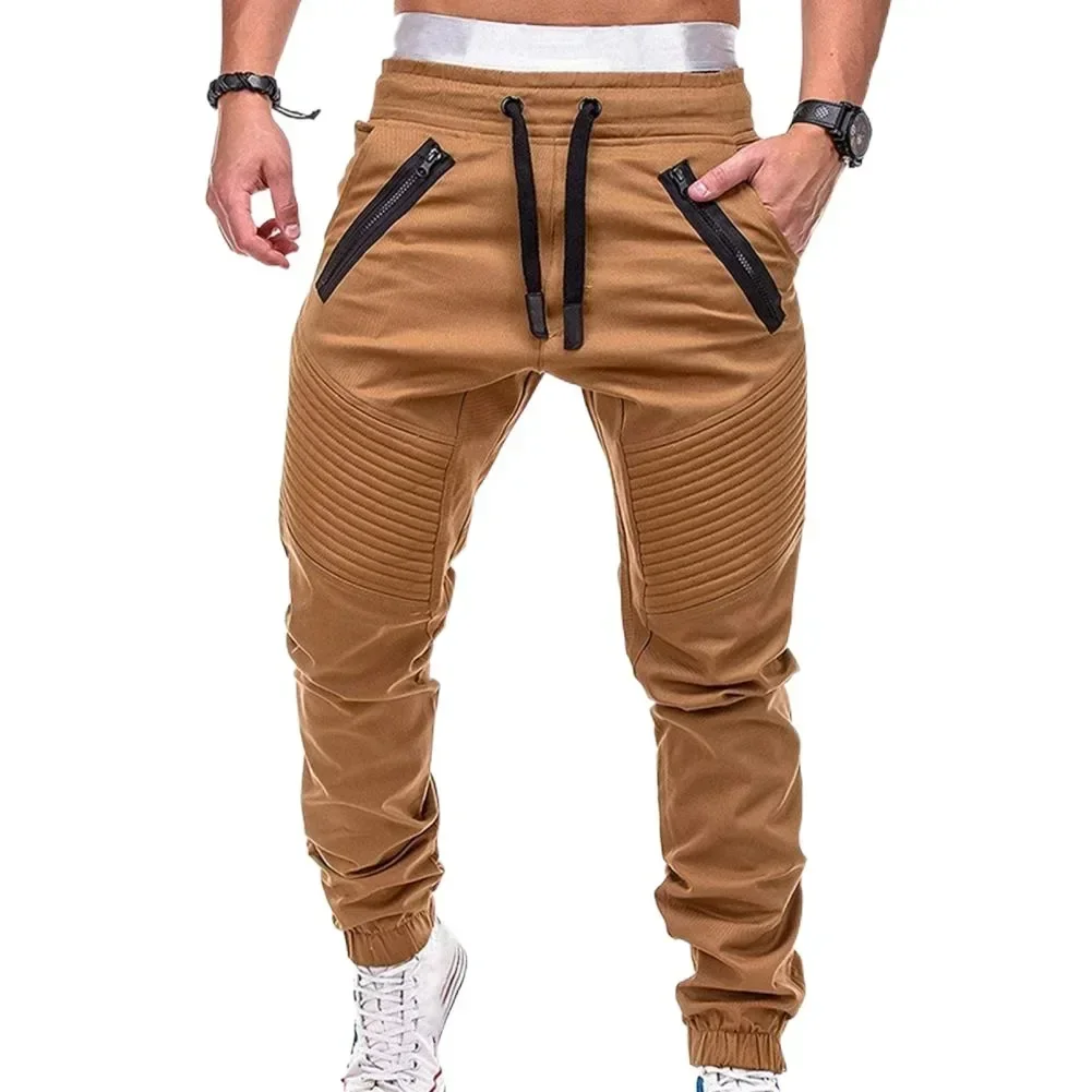 Calça de corrida com cordão masculina com bolso ajustável, roupa listrada justa, moda casual, primavera e outono, nova