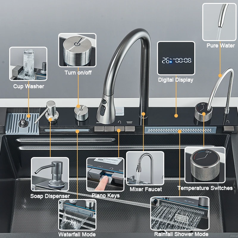 Pia de cozinha de aço inoxidável 304 com torneira cascata com display digital, multifuncional 75*45cm grande pia de baleia de slot único