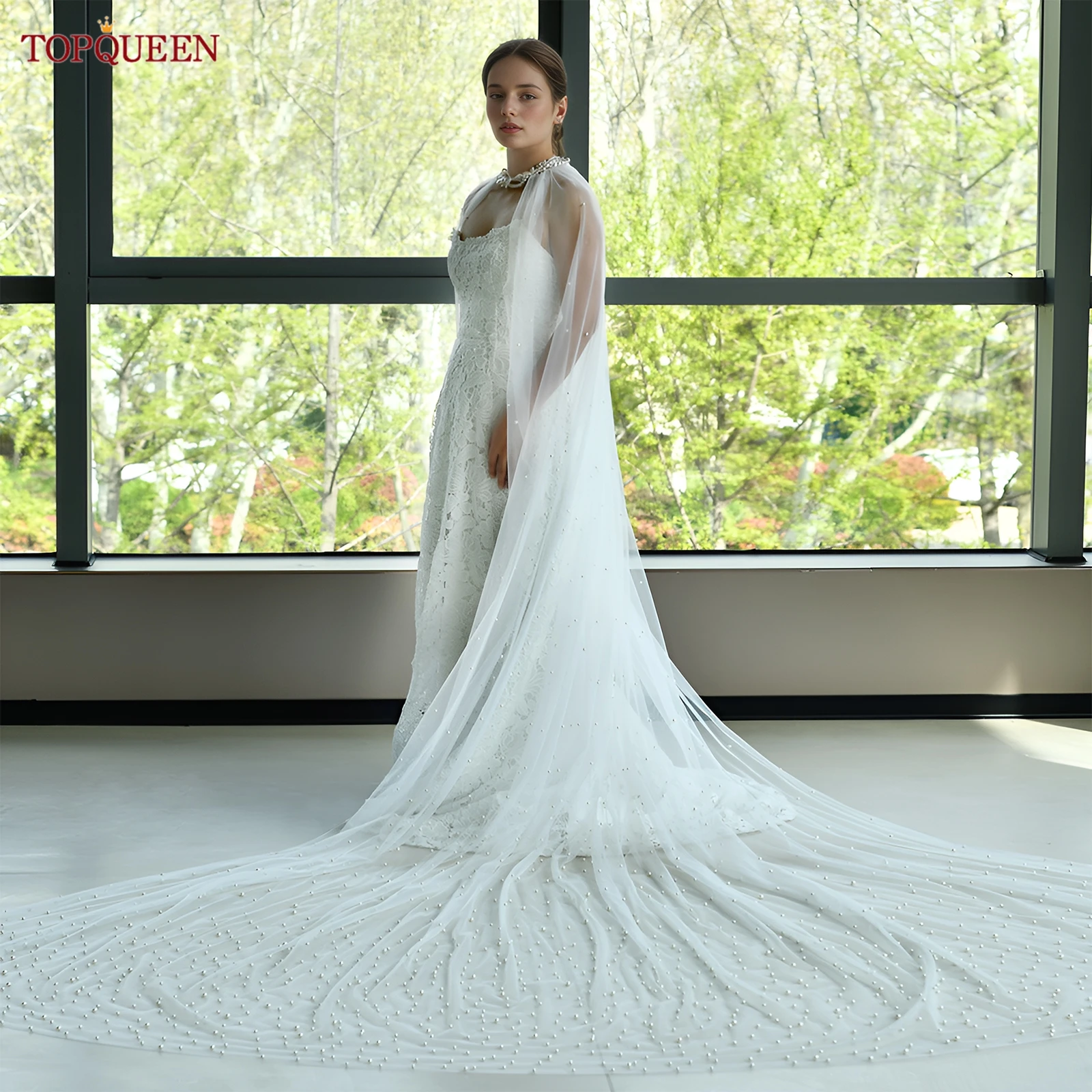 TOPQUEEN Selendang Tulle Mutiara Pengantin Kualitas Tinggi Panjang 3 Meter Aksesori Pernikahan Makan Malam Atasan Mutiara Wanita Dapat Disesuaikan Vg117