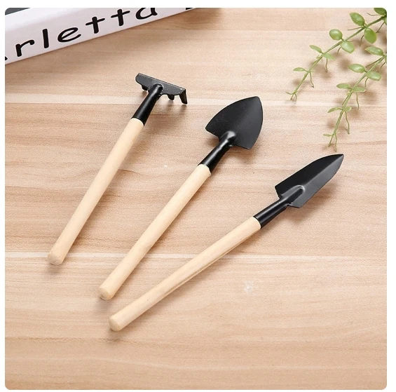 Mini Garden Potting Tool Wooden Handle Shovel, Rake, Multi-purpose Household, Plant, Bonsai, Loose Soil, Set of3 Gardening Tools