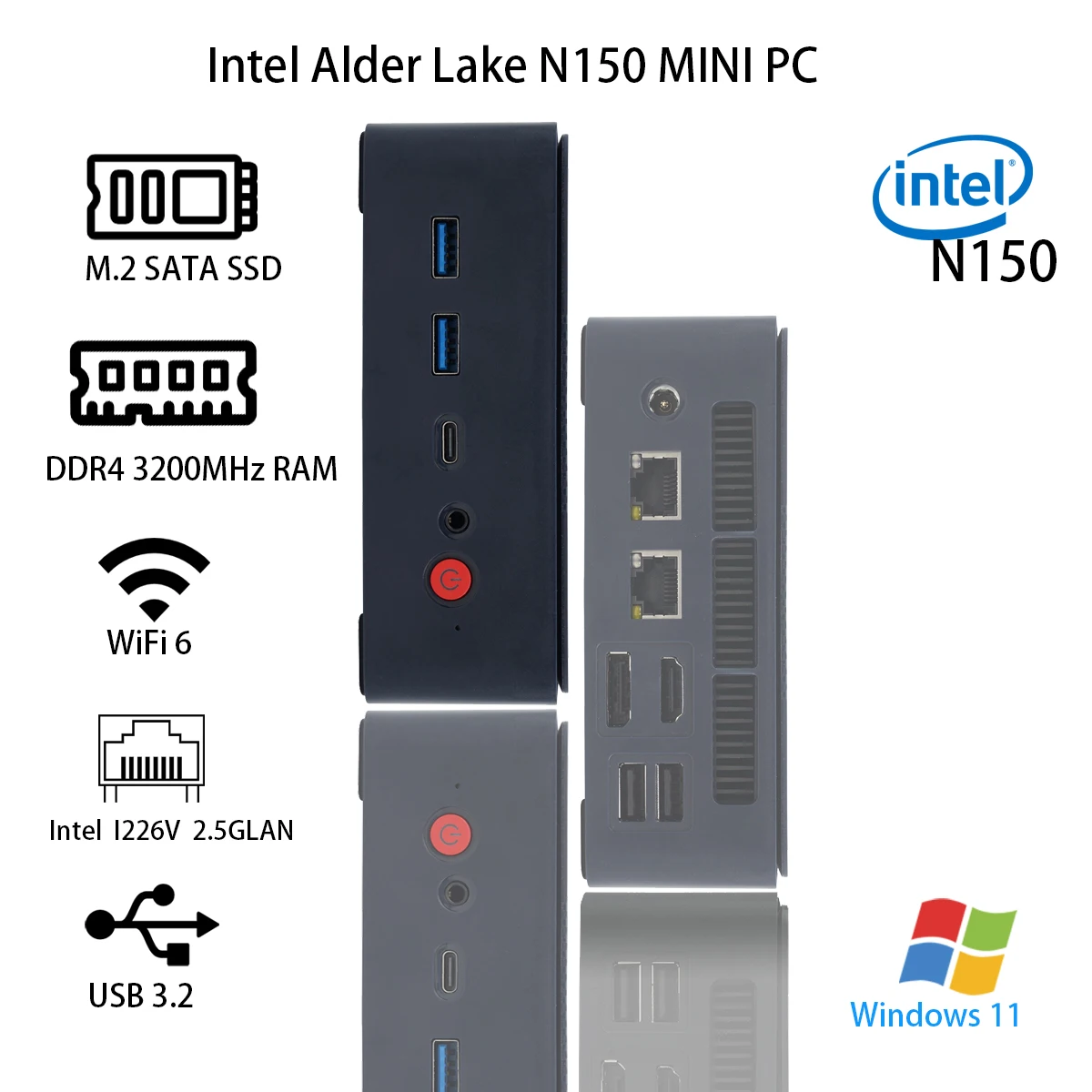 Mini PC N150 Intel N150 (up to 3.6GHz) Desktop Computer Triple Disply Ports, WiFi 6/BT5 4-Core 4-thread Gigabit 2.5G Lan SSD