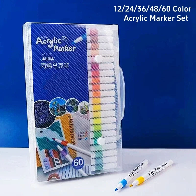 12-60 สีอะคริลิคชุดปากกามาร์กเกอร์สี Art MARKER Soft TIP ปากกาสําหรับเด็กหินสีเซรามิคแก้วไม้ผ้าภาพวาด