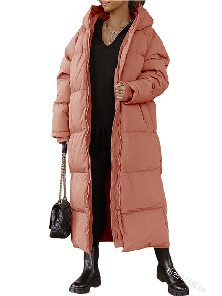 Wmstar abrigo de mujer nuevo invierno grueso estilo suelto manga larga Color sólido a prueba de viento cálido con capucha Chaqueta larga acolchada de algodón