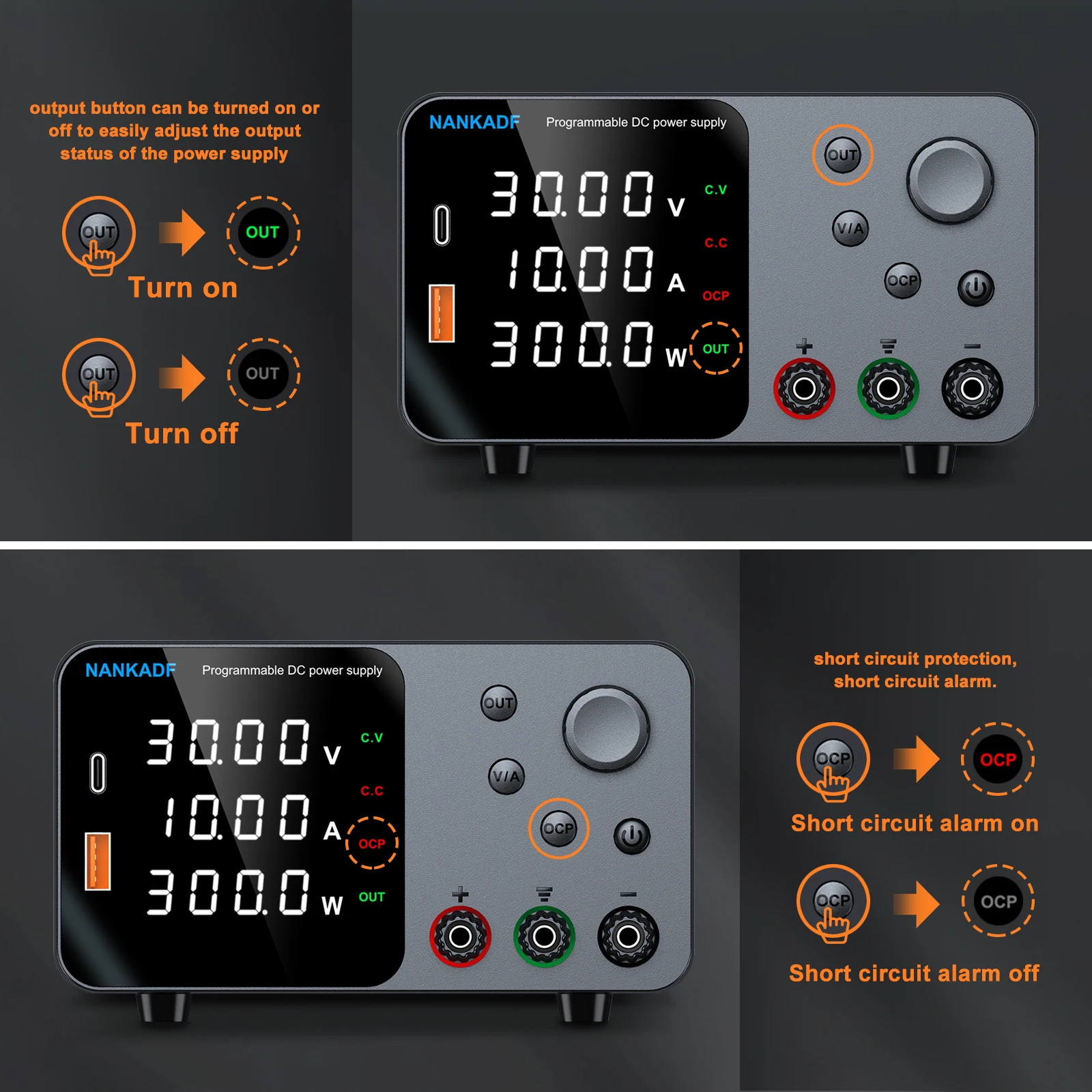 Fuente de alimentación CC ajustable de laboratorio de 30 V, 5 A, 10 A con pantalla LED de 4 dígitos; Carga rápida USB-A/Tipo-C 5 V/3.6 A con ajuste del codificador