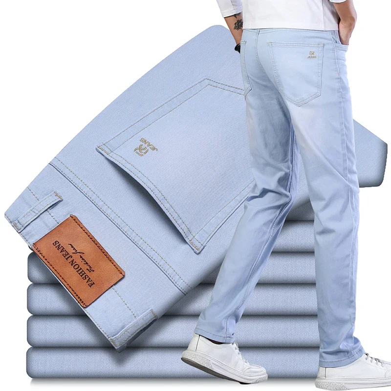 2024 Marke Top klassischen Stil Männer Frühling Sommer Jeans Business lässig hellblau Stretch Baumwolle Denim Herren hose