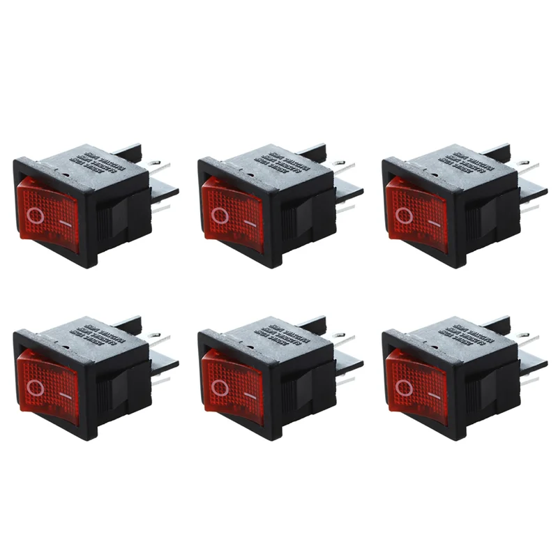 ELECT-6Pcs Red Light 4 Pin Dpst On-Off Snap In Boat Rocker Switch 6A/250V 10A/125V Ac