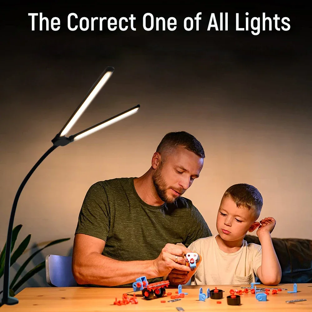 LED-Schreibtischlampe, Doppelkopf, stufenloses Dimmen, augenschonende Leselampen für zu Hause, 3-Farbmodus, flexibel, verstellbar, PC-Büro-Tischlampen