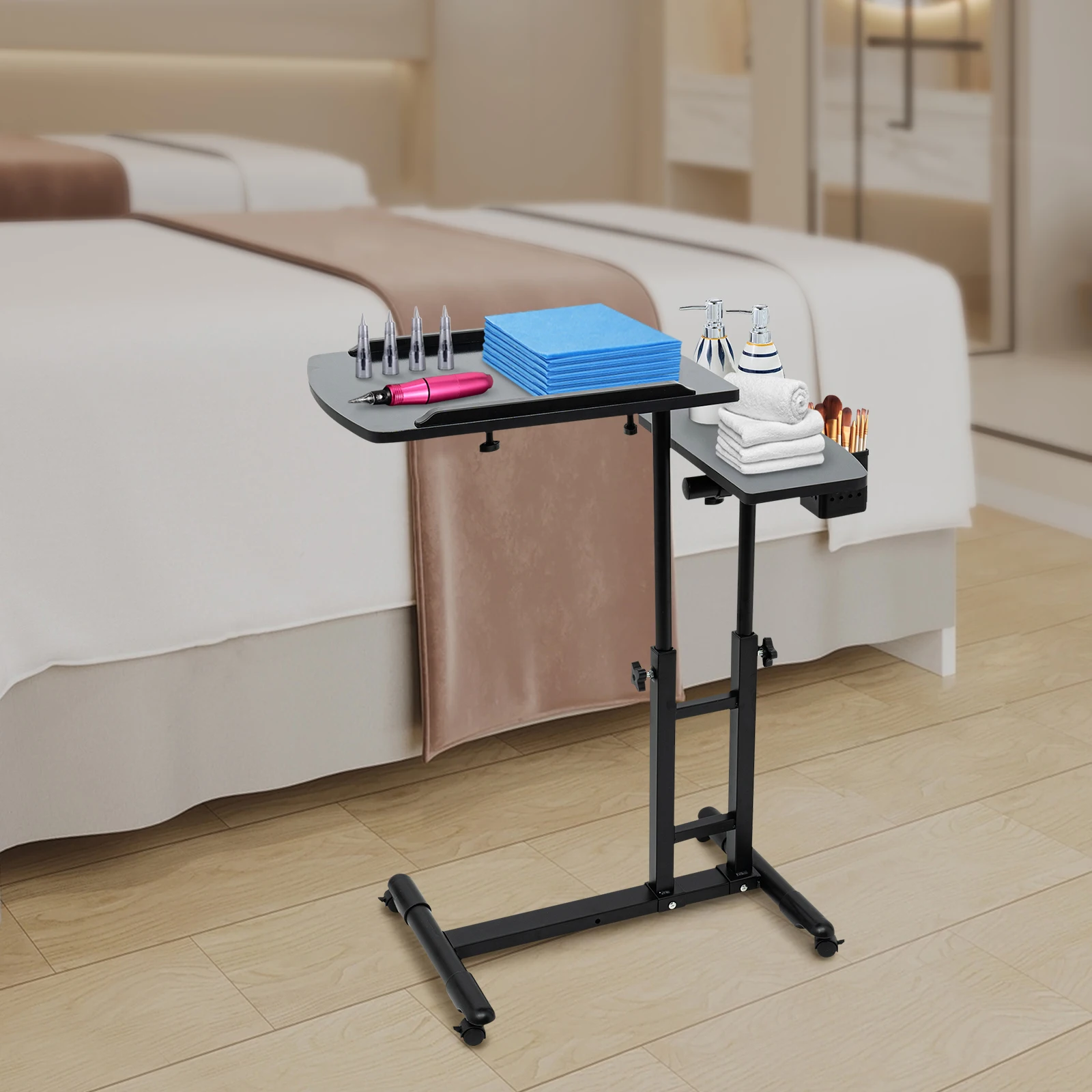 Professional Tattoo Workbench with Dual 25in Workstations & Adjustable Height, Portable Rolling Design for Studio/Home Use