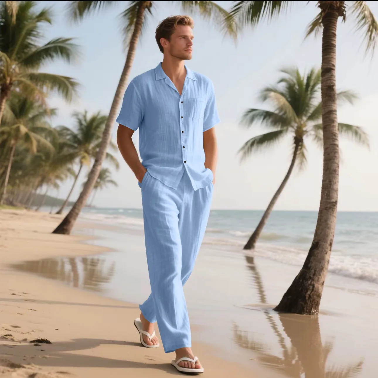 Das 2025 Summer Beach Herren-Kurzarmhemd-Set aus Leinen ist ein zweiteiliges langes Hosen-Set, das für alltägliche, lässige Strandurlaub geeignet ist