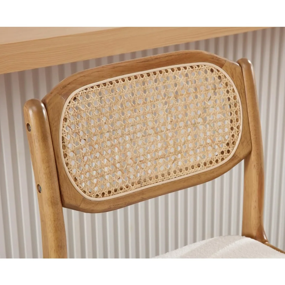 Rattan Bar Stools Set of 2 Upholstered Boucle Counter Stools Mid Century Modern Bar Chairs Wood Cane Back Kitchen Chairs Farmhou