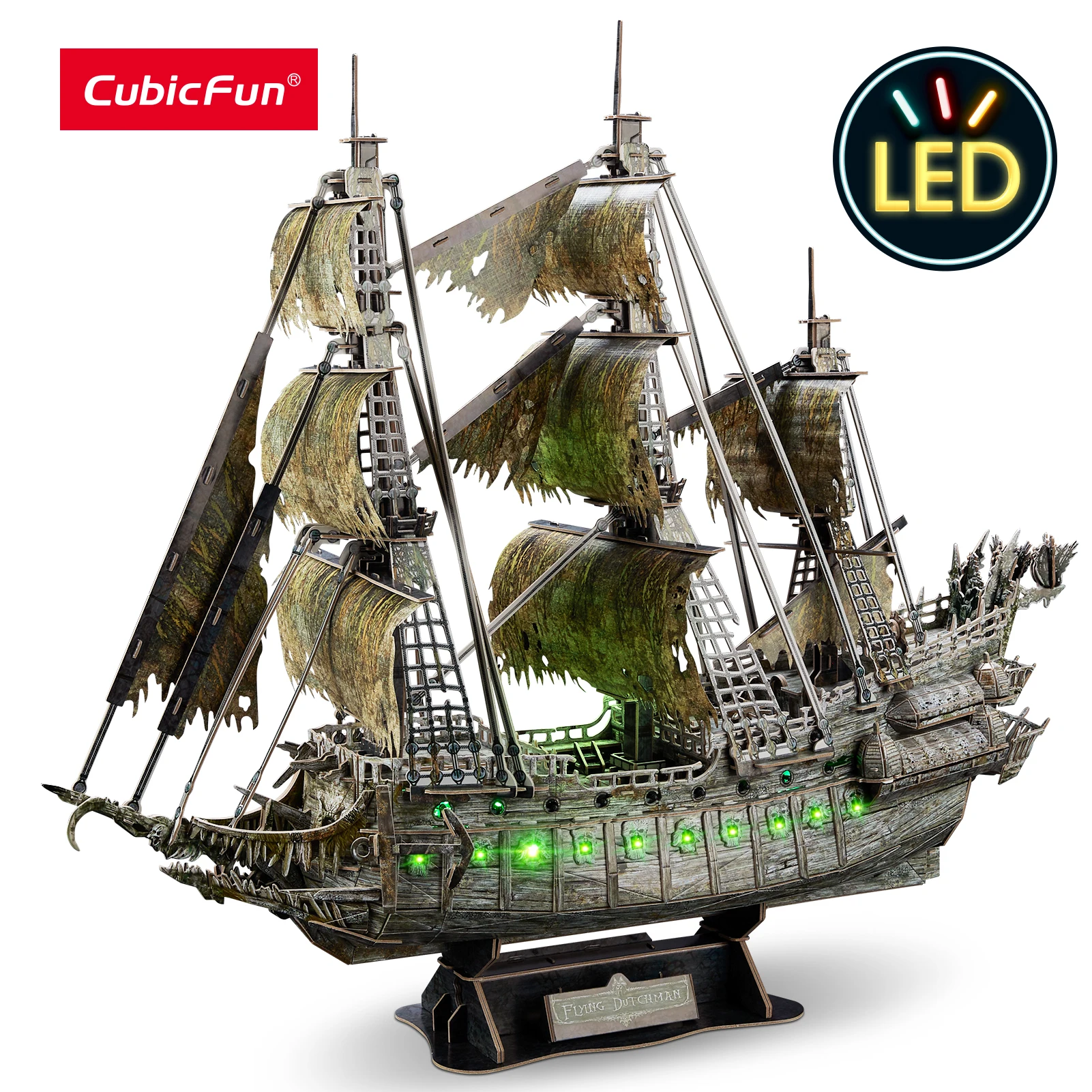 CubicFun 3D Ghép Hình Đèn LED Xanh Bay Người Hà Lan Con Tàu Cướp Biển Mô Hình 360 Miếng Ghép Bộ Dụng Cụ Chiếu Sáng Tòa Nhà Ma Thuyền Buồm Quà Tặng Dành Cho Người Lớn