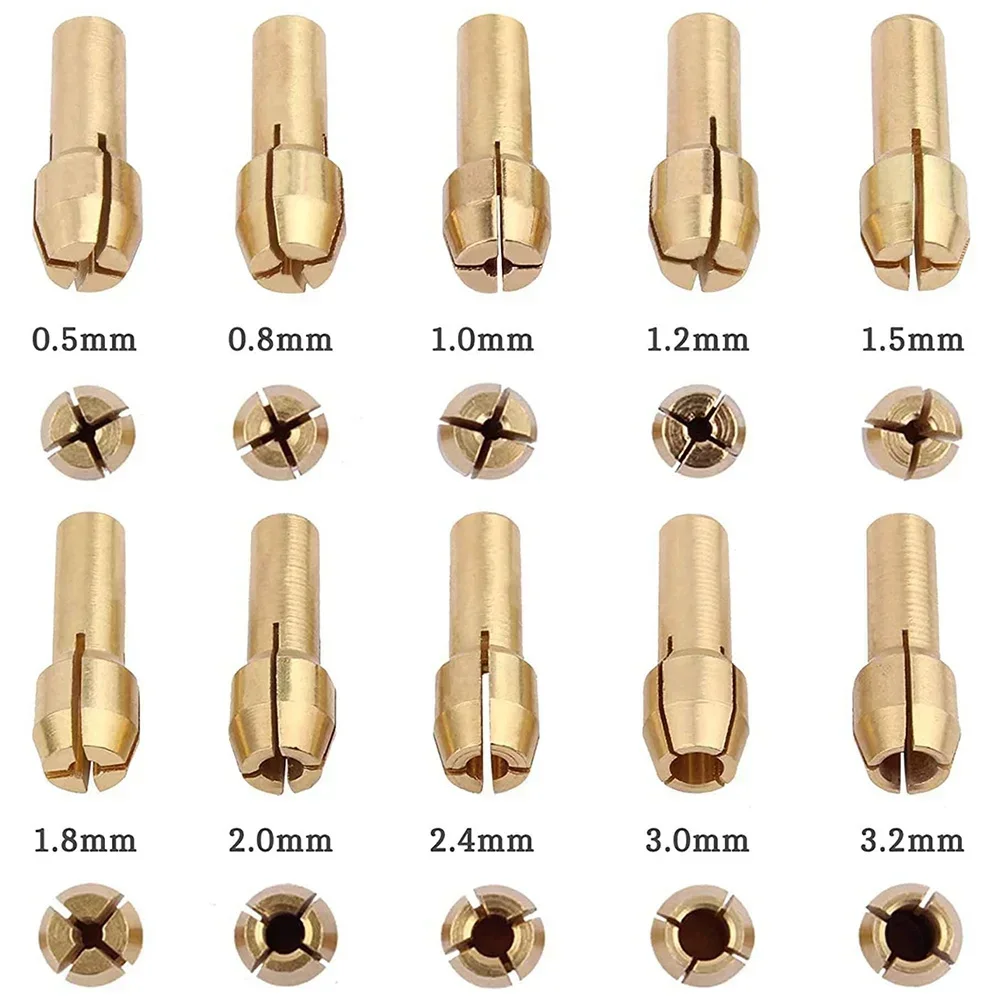 STONEGO Juego de 10 adaptadores de portabrocas para microtaladro, 0,5 mm-3,2 mm, latón para herramientas rotativas eléctricas