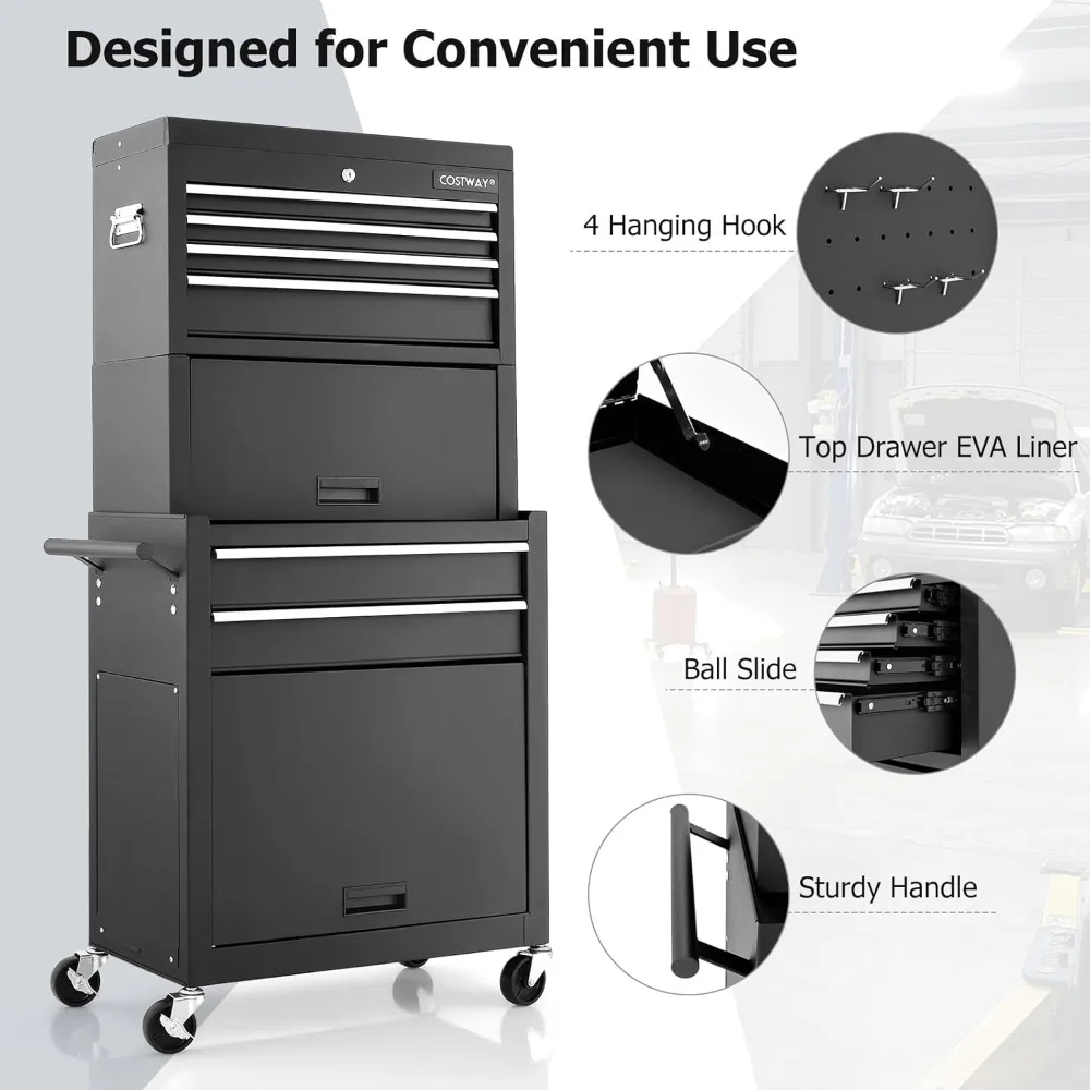 Large Rolling Tool Cabinet, 2-in-1 Detachable Metal Tool Chest Hooks & Pegboard, Lockable Tool Box Trolley, Workbenches