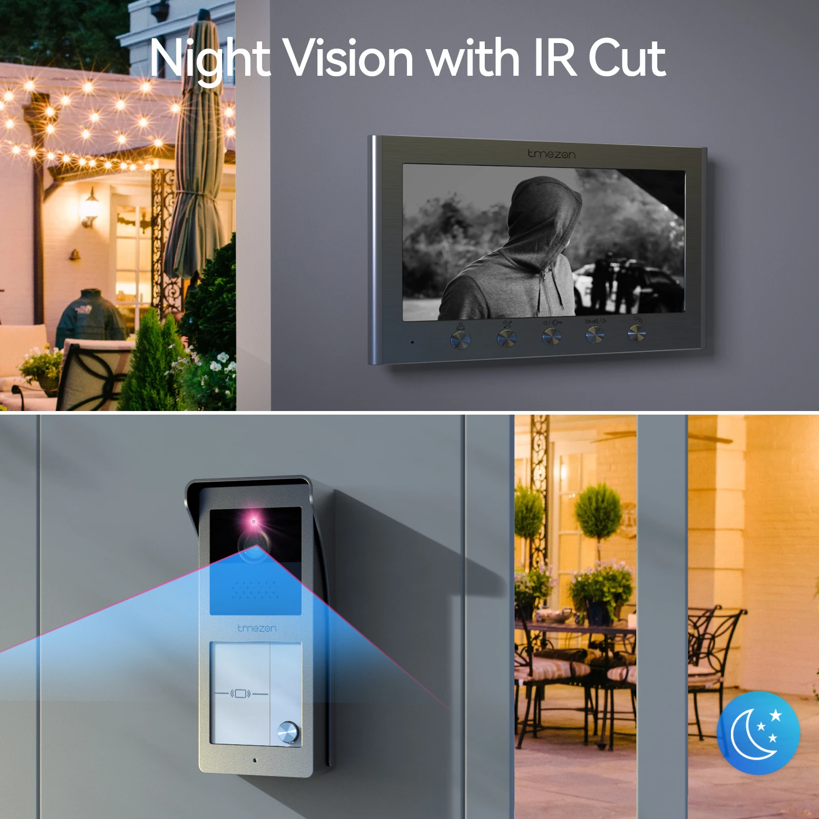 Sistema de intercomunicação com campainha de vídeo porteiro de 2 fios para segurança doméstica, monitor TMEZON de 7 polegadas com campainha com fio, cartão RFID/visão noturna